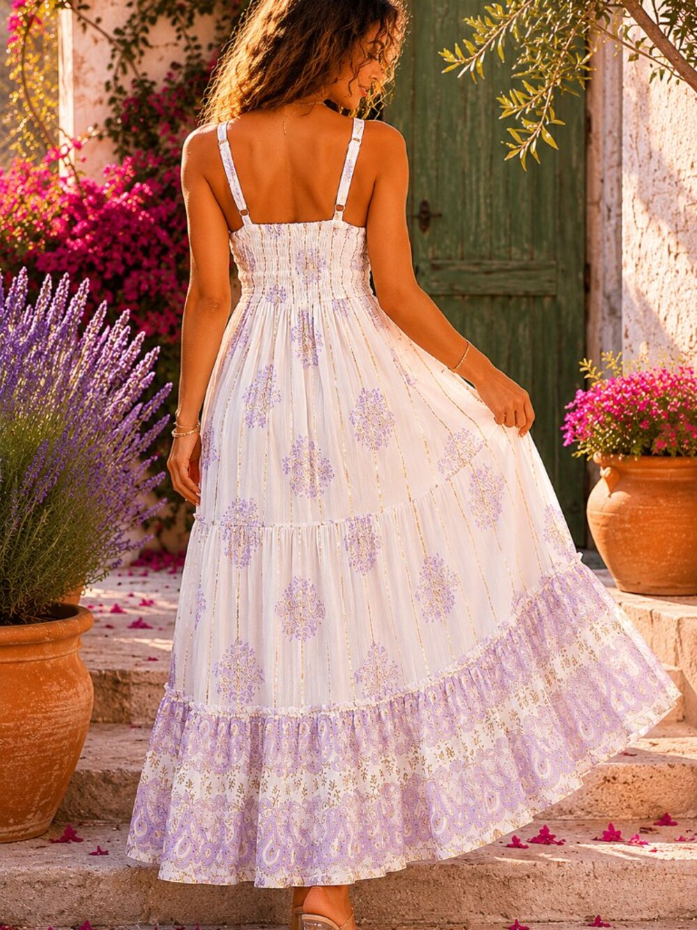 White & Lavender Coastal Maxi Dress Boho Vacation beach Resort - Picture 2 of 4